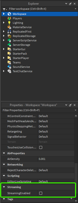 Disabling the Streaming Enabled property visual guide.
